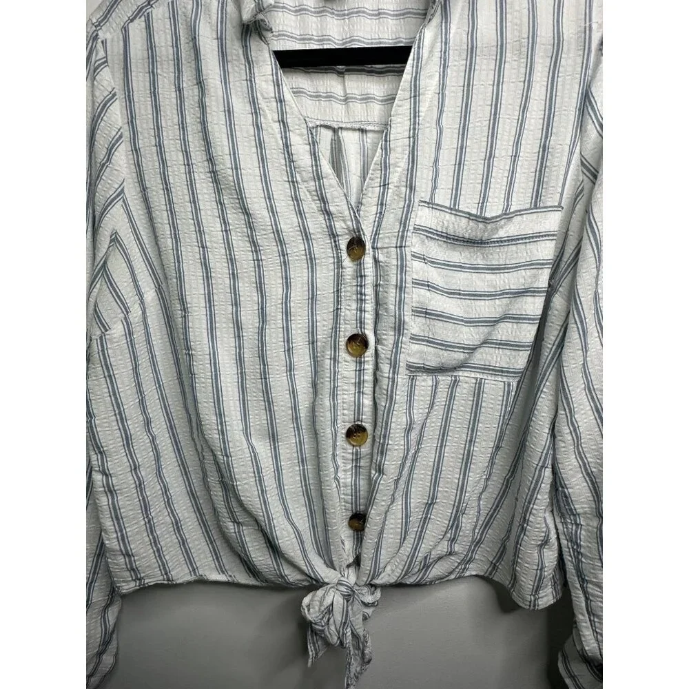Primark Women’s Size 12 Linen Blend Blouse Striped Tie Front Coastal Lightcore - Picture 3 of 5